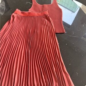 Babaton Rust Pleated Skirt and Ribbed Top Set